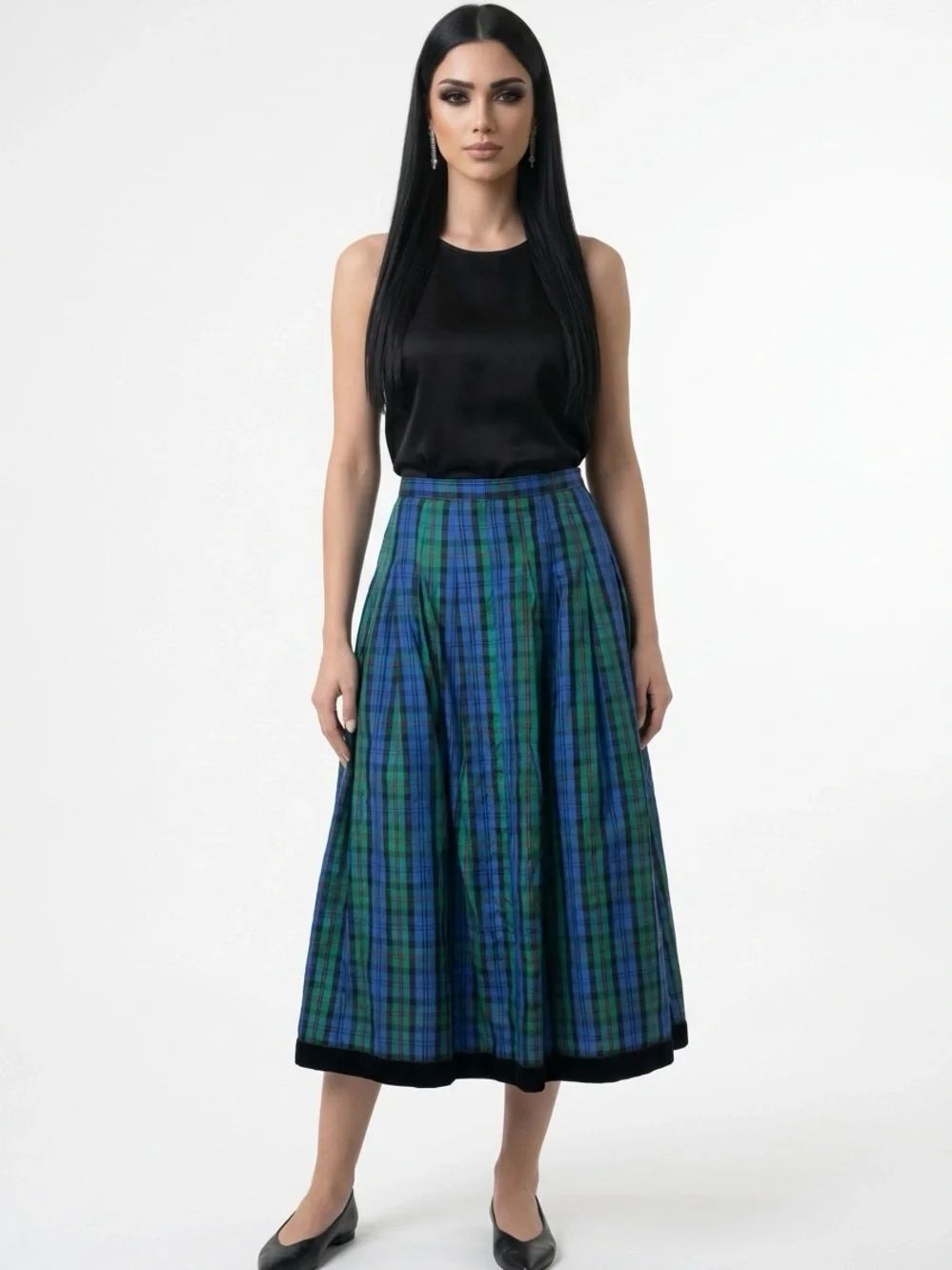 HERMAN GEIST | Vintage Plaid Pleated Midi Skirt Velvet Trim Women’s Size 12